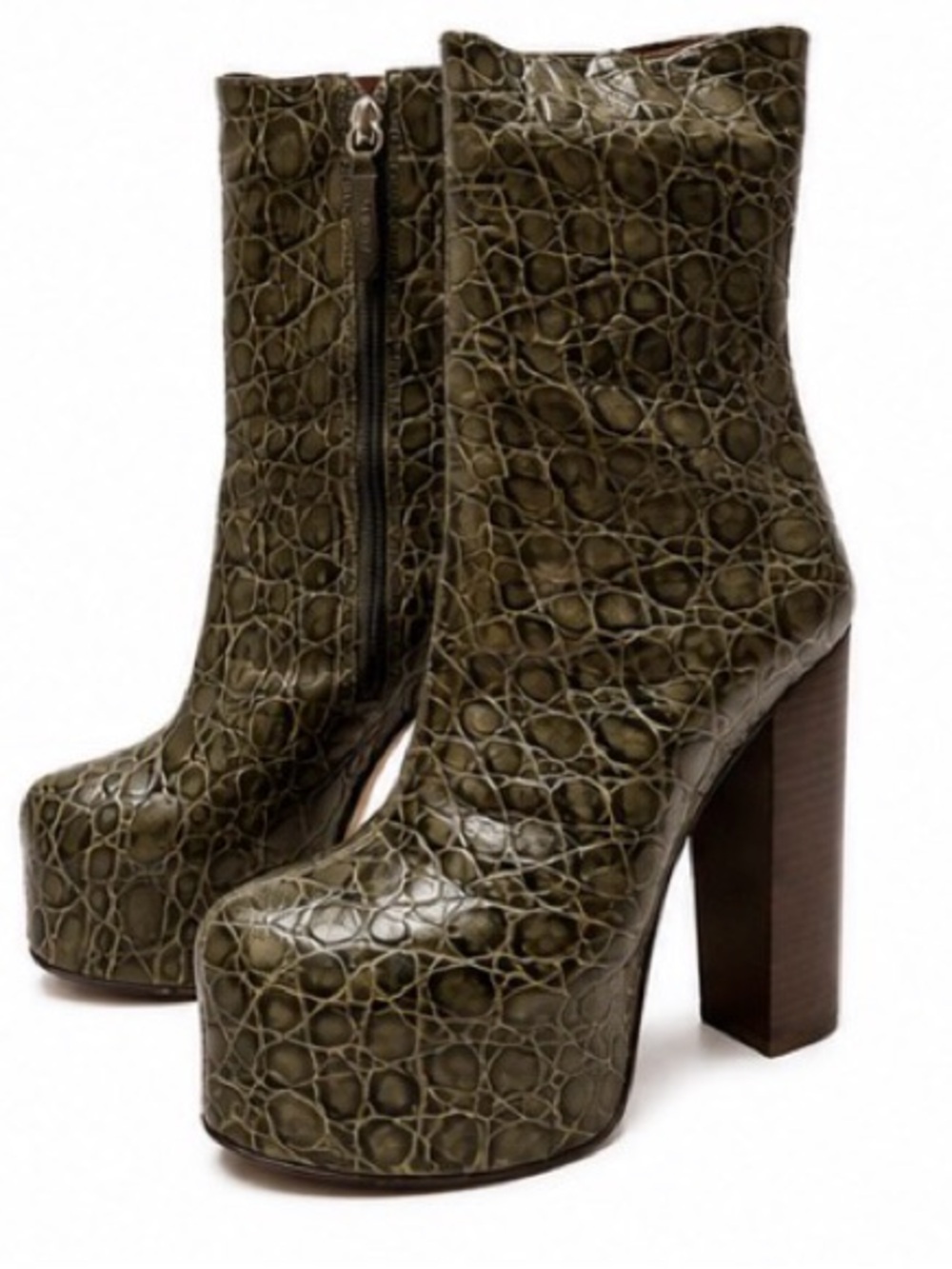 SCHUTZ Olive Croc-Embossed Platform Ankle Boots